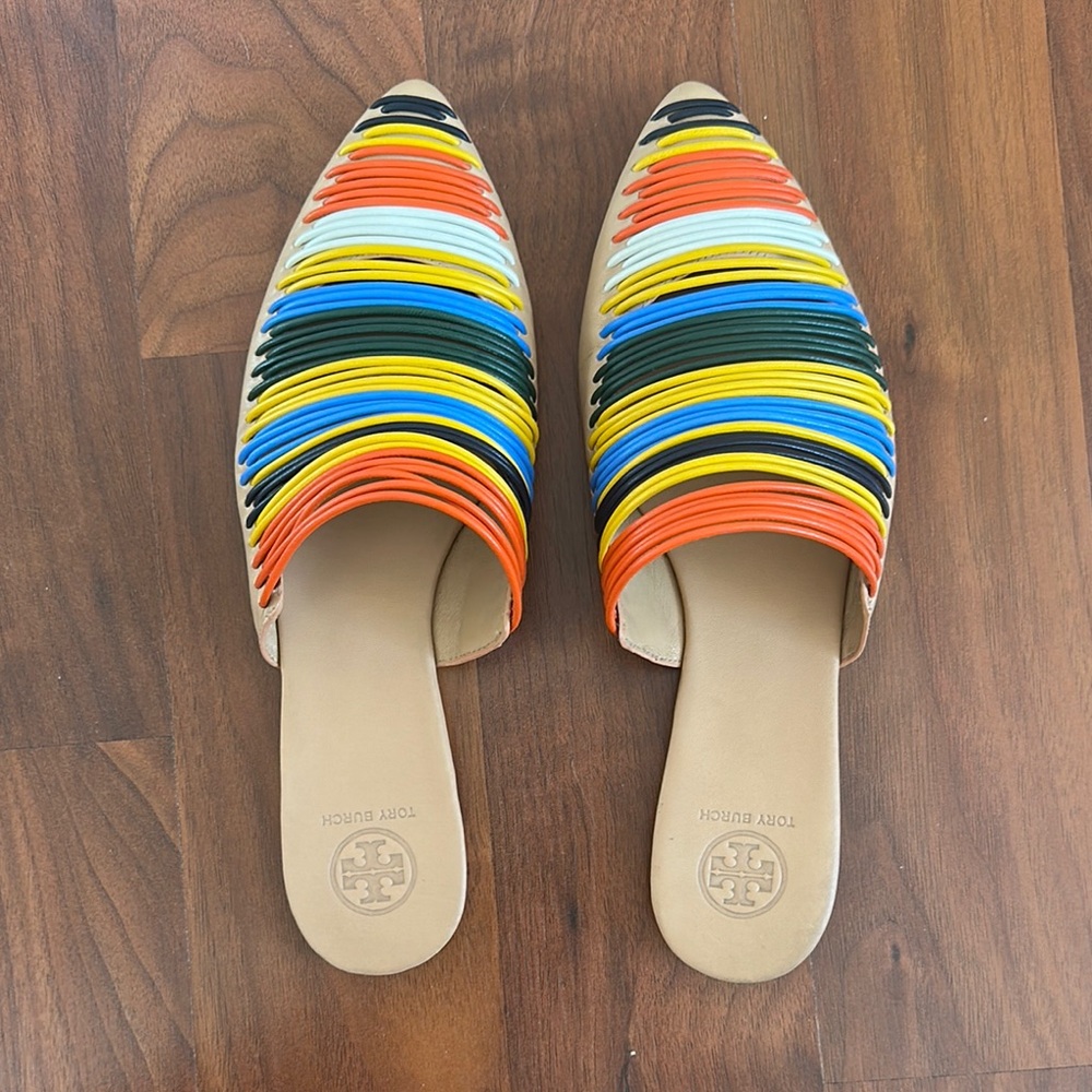 Women’s Tory Burch Orange Yellow Leather Mules Vibrant Striped Design. Size 7.5